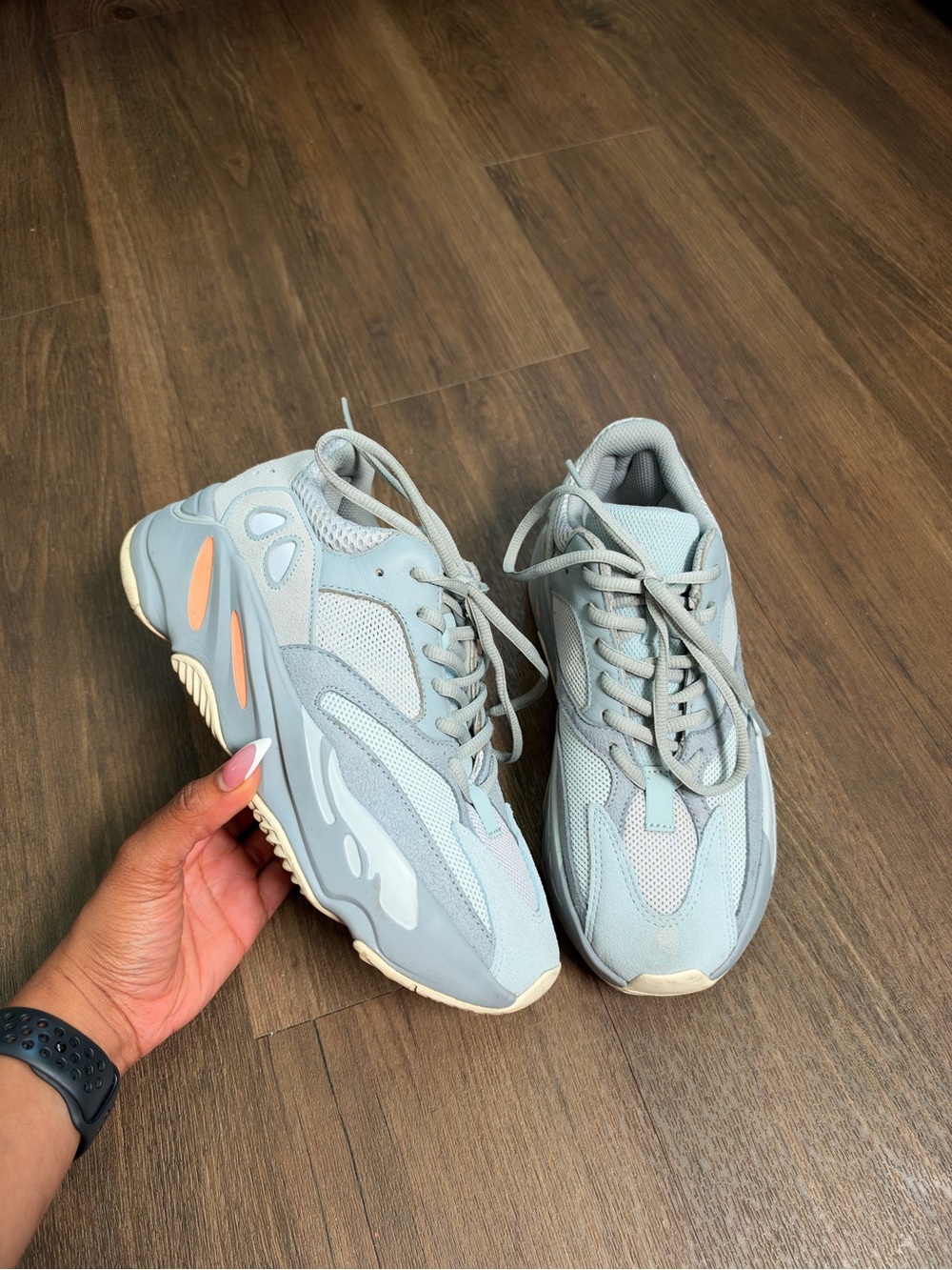 Yeezy Womens Gray Sneakers with Subtle Orange Accents